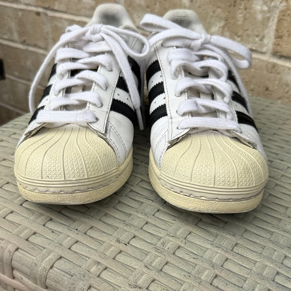 Adidas Superstar White and Black Sneakers with Cream Accents Size 5